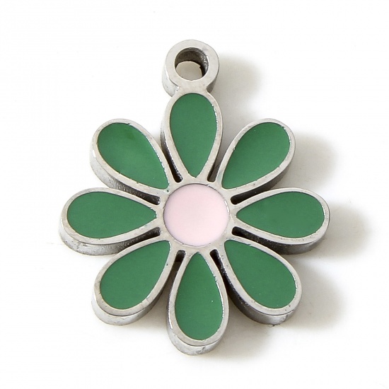 Picture of 304 Stainless Steel Flora Collection Charms Silver Tone Green Flower Enamel 13mm x 11mm, 1 Piece