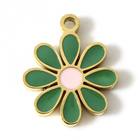 Picture of 304 Stainless Steel Flora Collection Charms 18K Gold Color Green Flower Enamel 13mm x 11mm, 1 Piece
