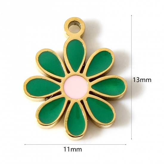 Picture of 1 Piece Vacuum Plating 304 Stainless Steel Flora Collection Charms 18K Gold Plated Green Flower Enamel 13mm x 11mm