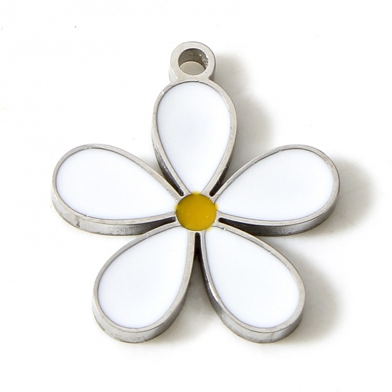 Picture of 304 Stainless Steel Flora Collection Charms Silver Tone White Flower Enamel 15mm x 14mm, 1 Piece
