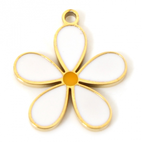 Picture of 304 Stainless Steel Flora Collection Charms 18K Gold Color White Flower Enamel 15mm x 14mm, 1 Piece