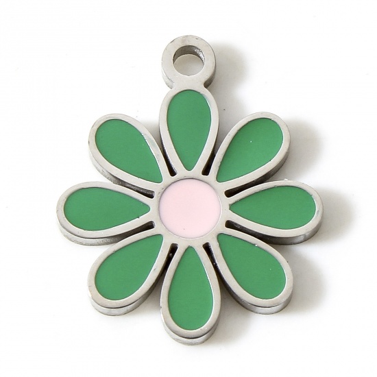 Picture of 304 Stainless Steel Flora Collection Charms Silver Tone Green Flower Enamel 18mm x 15mm, 1 Piece