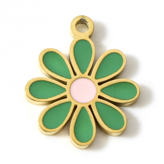 Picture of 304 Stainless Steel Flora Collection Charms 18K Gold Color Green Flower Enamel 18mm x 15mm, 1 Piece