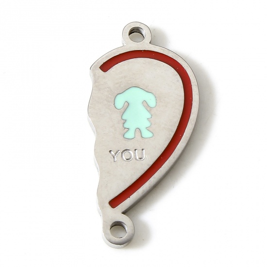 Picture of 304 Stainless Steel Valentine's Day Connectors Charms Pendants Silver Tone Heart Enamel 22mm x 10mm, 1 Piece