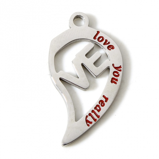 Picture of 304 Stainless Steel Valentine's Day Connectors Charms Pendants Silver Tone Broken Heart Enamel 26mm x 14mm, 1 Piece