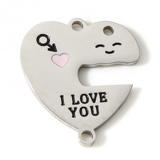 Picture of 304 Stainless Steel Valentine's Day Connectors Charms Pendants Silver Tone Heart Enamel 22mm x 19mm, 1 Piece