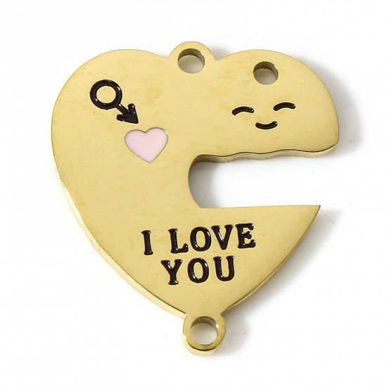 Picture of 304 Stainless Steel Valentine's Day Connectors Charms Pendants 18K Gold Color Heart Enamel 22mm x 19mm, 1 Piece