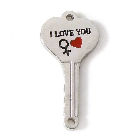 Picture of 304 Stainless Steel Valentine's Day Connectors Charms Pendants Silver Tone Key Enamel 23mm x 11mm, 1 Piece