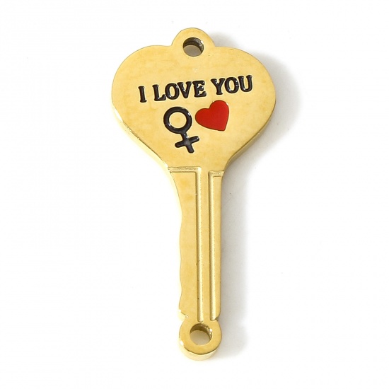 Picture of 304 Stainless Steel Valentine's Day Connectors Charms Pendants 18K Gold Color Key Enamel 23mm x 11mm, 1 Piece