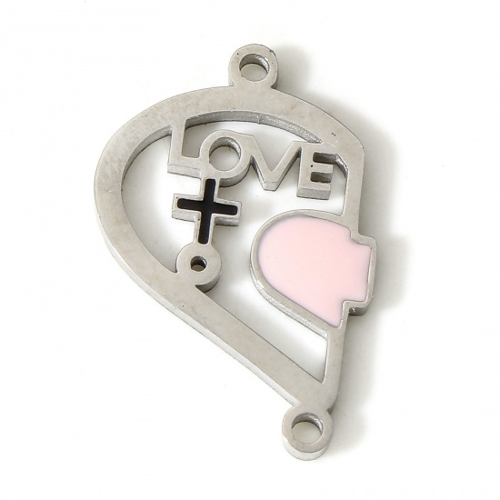 Picture of 304 Stainless Steel Valentine's Day Connectors Charms Pendants Silver Tone Broken Heart Enamel 22mm x 15mm, 1 Piece