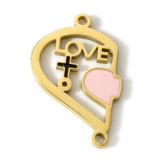 Picture of 304 Stainless Steel Valentine's Day Connectors Charms Pendants 18K Gold Color Heart Enamel 22mm x 15mm, 1 Piece