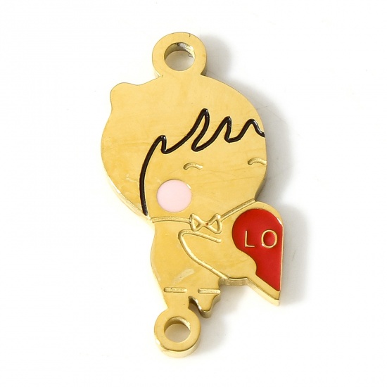 Picture of 304 Stainless Steel Valentine's Day Connectors Charms Pendants 18K Gold Color Boy Enamel 22mm x 12mm, 1 Piece