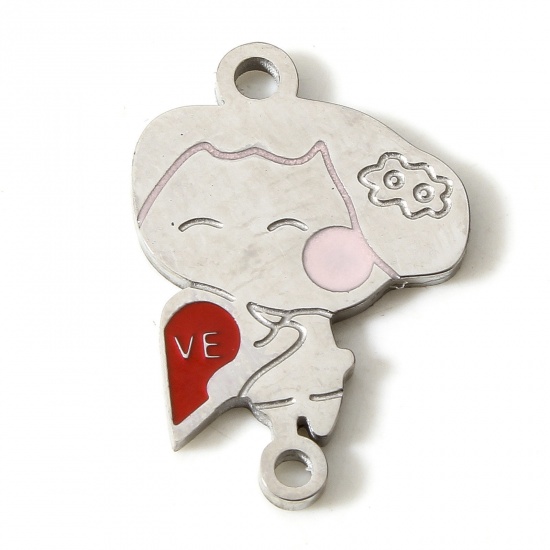 Picture of 304 Stainless Steel Valentine's Day Connectors Charms Pendants Silver Tone Girl Enamel 22mm x 15mm, 1 Piece