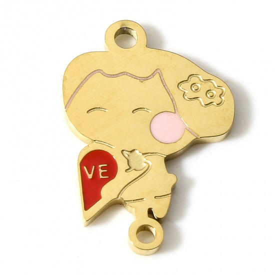 Picture of 304 Stainless Steel Valentine's Day Connectors Charms Pendants 18K Gold Color Girl Enamel 22mm x 15mm, 1 Piece