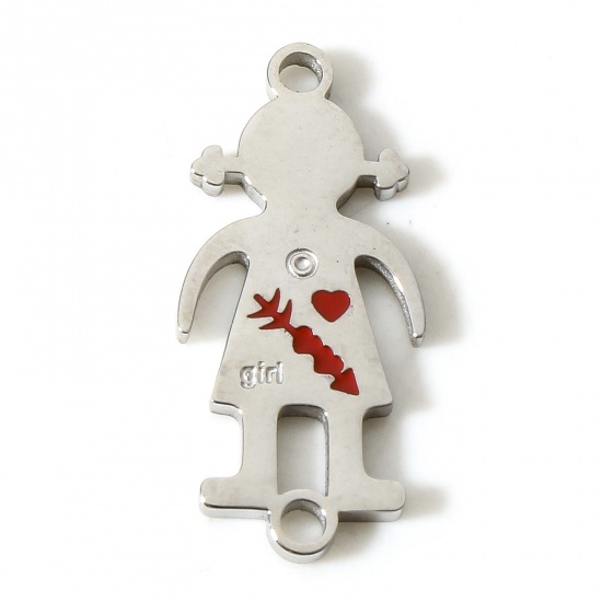 Picture of 304 Stainless Steel Valentine's Day Connectors Charms Pendants Silver Tone Girl Enamel 22mm x 10mm, 1 Piece