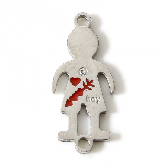 Picture of 304 Stainless Steel Valentine's Day Connectors Charms Pendants Silver Tone Boy Enamel 22mm x 9.5mm, 1 Piece