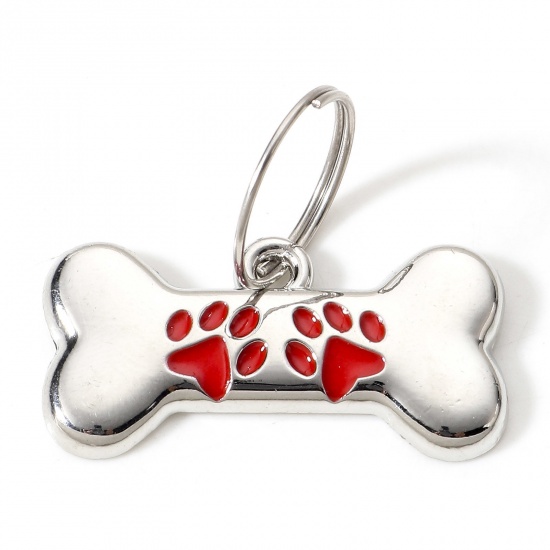 Picture of Zinc Based Alloy Pet Memorial Charms Pet Dog Cat Tag Silver Tone Red Bone Paw Print Enamel 3cm x 1.5cm, 2 PCs