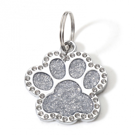 Picture of Zinc Based Alloy Pet Memorial Pendants Pet Dog Cat Tag Silver Tone Silver Color Paw Print Clear Rhinestone 1 Piece