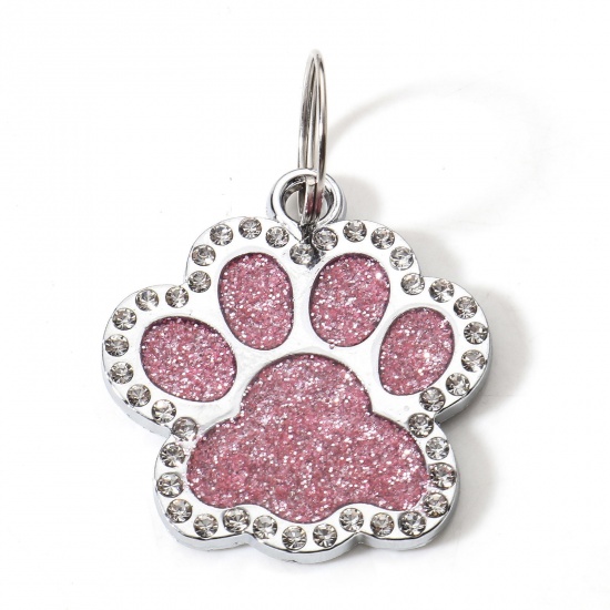 Picture of Zinc Based Alloy Pet Memorial Pendants Pet Dog Cat Tag Silver Tone Pink Paw Print Clear Rhinestone 1 Piece
