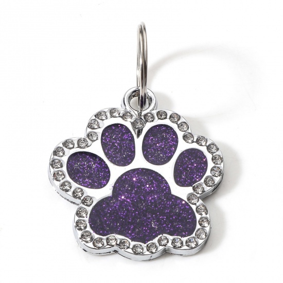 Picture of Zinc Based Alloy Pet Memorial Pendants Pet Dog Cat Tag Silver Tone Purple Paw Print Clear Rhinestone 1 Piece