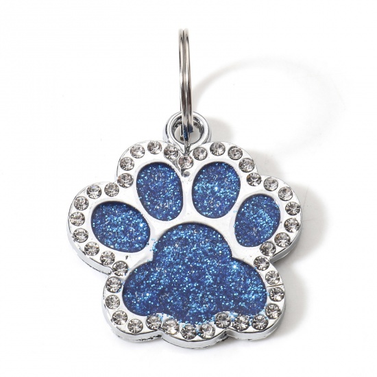 Picture of Zinc Based Alloy Pet Memorial Pendants Pet Dog Cat Tag Silver Tone Blue Paw Print Clear Rhinestone 1 Piece