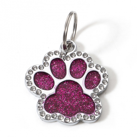 Picture of Zinc Based Alloy Pet Memorial Pendants Pet Dog Cat Tag Silver Tone Fuchsia Paw Print Clear Rhinestone 1 Piece