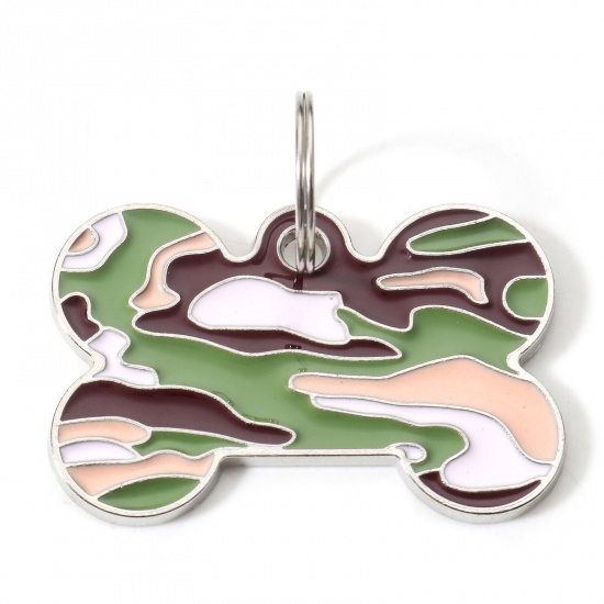 Immagine di Lega di Zinco Memoriale dell'animale Ciondoli Tono Argento Multicolore Osso Camuffamento Smalto 4cm x 2.6cm, 2 Pz