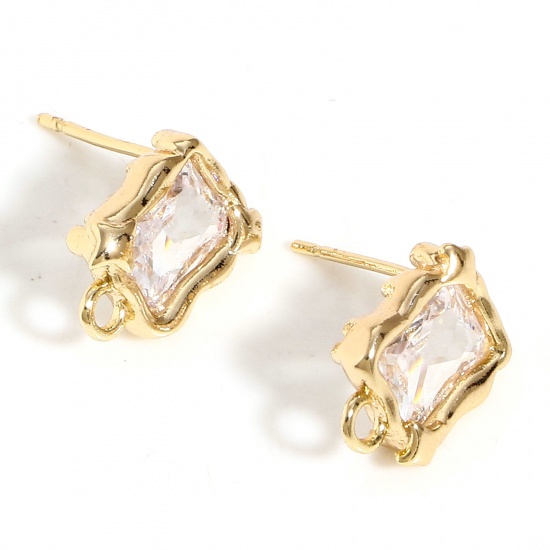 Picture of Brass Ear Post Stud Earrings 18K Real Gold Plated Square With Loop Clear Cubic Zirconia 13mm x 9mm, Post/ Wire Size: (20 gauge), 2 PCs                                                                                                                        