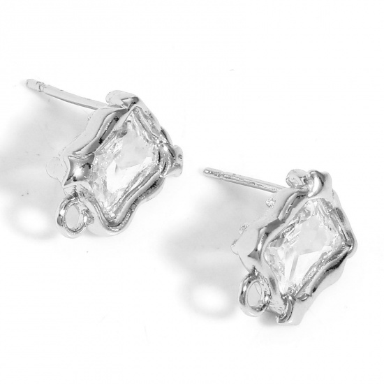 Picture of Brass Ear Post Stud Earrings Real Platinum Plated Square With Loop Clear Cubic Zirconia 13mm x 9mm, Post/ Wire Size: (20 gauge), 2 PCs                                                                                                                        