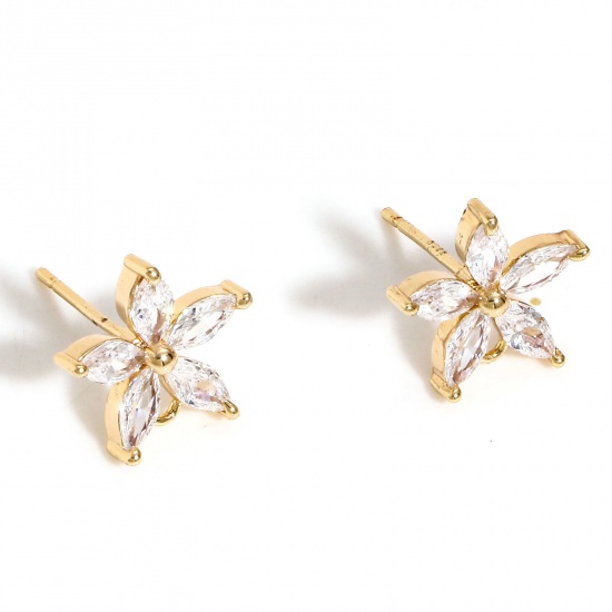 Picture of Brass Ear Post Stud Earrings 18K Real Gold Plated Flower With Loop Clear Cubic Zirconia 12mm x 11mm, Post/ Wire Size: (21 gauge), 2 PCs                                                                                                                       