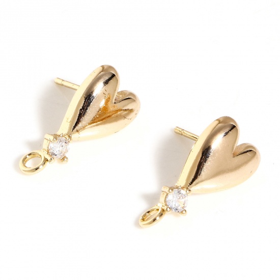 Picture of Brass Valentine's Day Ear Post Stud Earrings 18K Real Gold Plated Heart With Loop Clear Cubic Zirconia 18mm x 8.5mm, Post/ Wire Size: (20 gauge), 2 PCs                                                                                                       