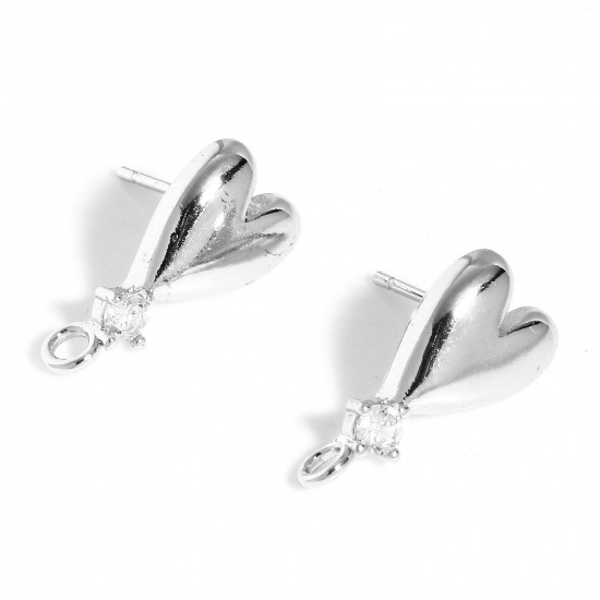 Picture of Brass Valentine's Day Ear Post Stud Earrings Real Platinum Plated Heart With Loop Clear Cubic Zirconia 18mm x 8.5mm, Post/ Wire Size: (20 gauge), 2 PCs                                                                                                       