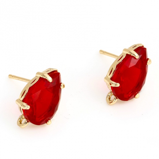 Picture of Brass & Glass Ear Post Stud Earrings Gold Plated Red Drop With Loop 14mm x 8mm, Post/ Wire Size: (20 gauge), 2 PCs                                                                                                                                            