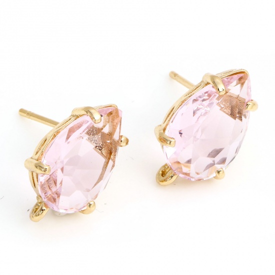 Picture of Brass & Glass Ear Post Stud Earrings Gold Plated Light Pink Drop With Loop 14mm x 8mm, Post/ Wire Size: (20 gauge), 2 PCs                                                                                                                                     