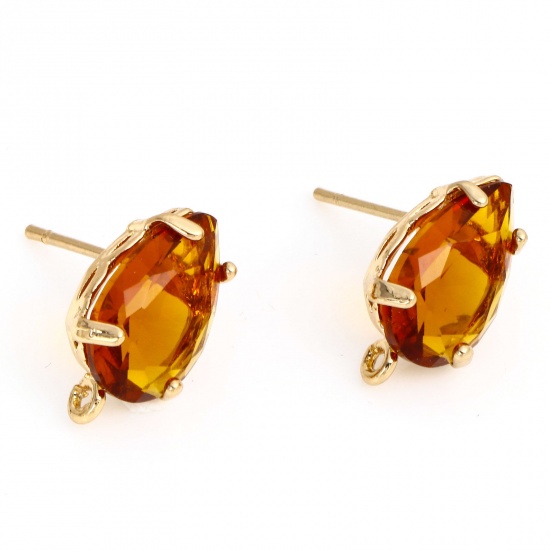 Picture of Brass & Glass Ear Post Stud Earrings Gold Plated Amber Drop With Loop 14mm x 8mm, Post/ Wire Size: (20 gauge), 2 PCs                                                                                                                                          