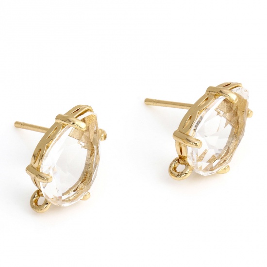 Picture of Brass & Glass Ear Post Stud Earrings Gold Plated Transparent Clear Drop With Loop 14mm x 8mm, Post/ Wire Size: (20 gauge), 2 PCs                                                                                                                              