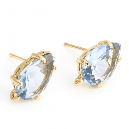Picture of Brass & Glass Ear Post Stud Earrings Gold Plated Light Blue Drop With Loop 14mm x 8mm, Post/ Wire Size: (20 gauge), 2 PCs                                                                                                                                     