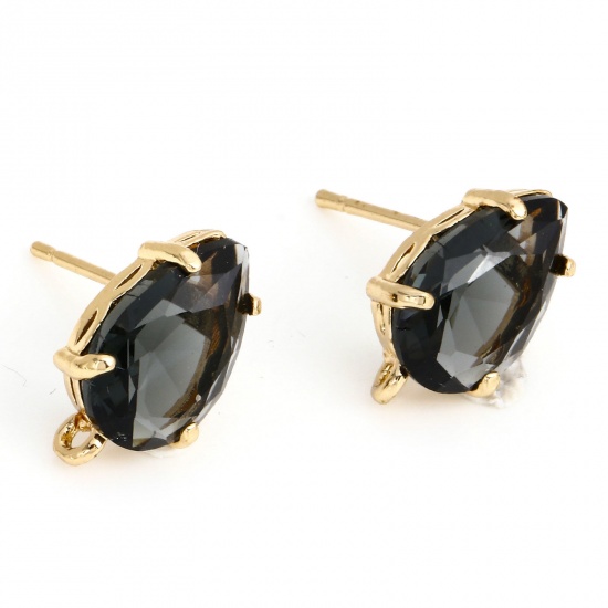 Picture of Brass & Glass Ear Post Stud Earrings Gold Plated Black Drop With Loop 14mm x 8mm, Post/ Wire Size: (20 gauge), 2 PCs                                                                                                                                          
