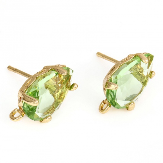 Picture of Brass & Glass Ear Post Stud Earrings Gold Plated Green Drop With Loop 14mm x 8mm, Post/ Wire Size: (20 gauge), 2 PCs                                                                                                                                          