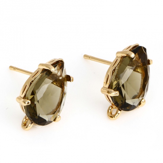 Picture of Brass & Glass Ear Post Stud Earrings Gold Plated Olive Green Drop With Loop 14mm x 8mm, Post/ Wire Size: (20 gauge), 2 PCs                                                                                                                                    