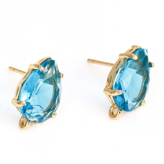 Picture of Brass & Glass Ear Post Stud Earrings Gold Plated Green Blue Drop With Loop 14mm x 8mm, Post/ Wire Size: (20 gauge), 2 PCs                                                                                                                                     
