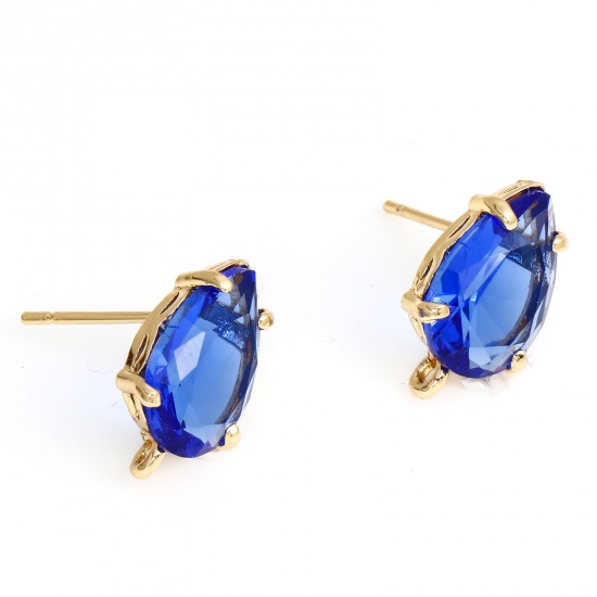 Picture of Brass & Glass Ear Post Stud Earrings Gold Plated Royal Blue Drop With Loop 14mm x 8mm, Post/ Wire Size: (20 gauge), 2 PCs                                                                                                                                     