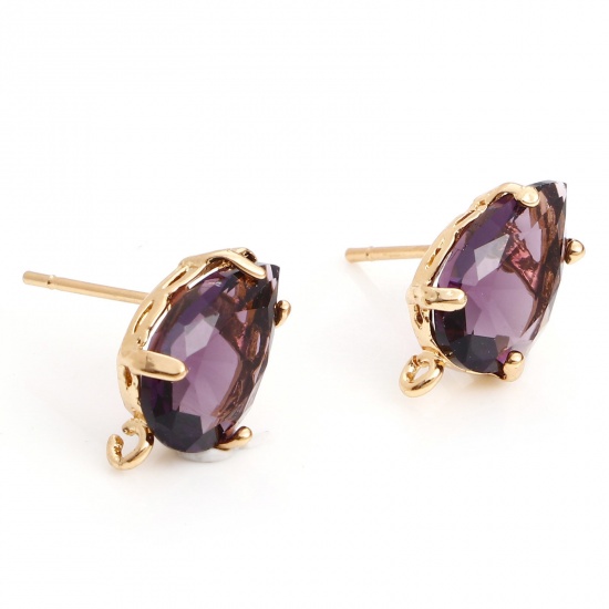 Picture of Brass & Glass Ear Post Stud Earrings Gold Plated Dark Purple Drop With Loop 14mm x 8mm, Post/ Wire Size: (20 gauge), 2 PCs                                                                                                                                    