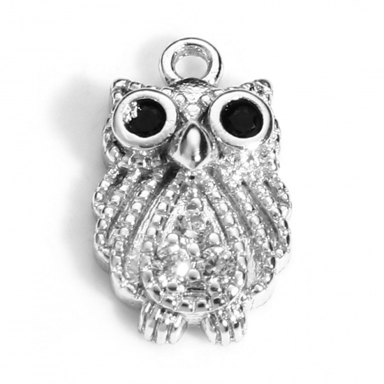 Picture of Brass Halloween Charms Real Platinum Plated Owl Animal Micro Pave Clear & Black Cubic Zirconia 13mm x 8mm, 2 PCs