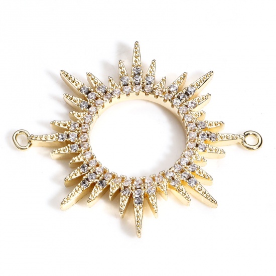 Picture of Brass Galaxy Connectors Charms Pendants Sun 18K Real Gold Plated Micro Pave Clear Rhinestone Clear Cubic Zirconia 29mm x 25mm, 1 Piece