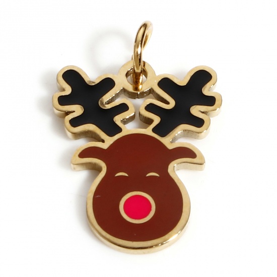 Picture of 1 Piece Vacuum Plating 316 Stainless Steel Exquisite Charms 18K Real Gold Plated Christmas Reindeer Enamel 12.5mm x 9.5mm