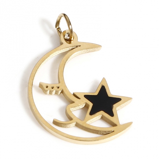 Picture of 1 Piece 316 Stainless Steel Galaxy Charms 18K Real Gold Plated Pentagram Star Moon Face 17mm x 14mm