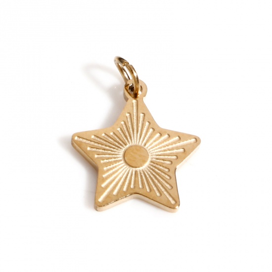 Picture of 1 Piece Vacuum Plating 316 Stainless Steel Galaxy Charms 18K Real Gold Plated Pentagram Star Sunshine 10.5mm x 9.5mm