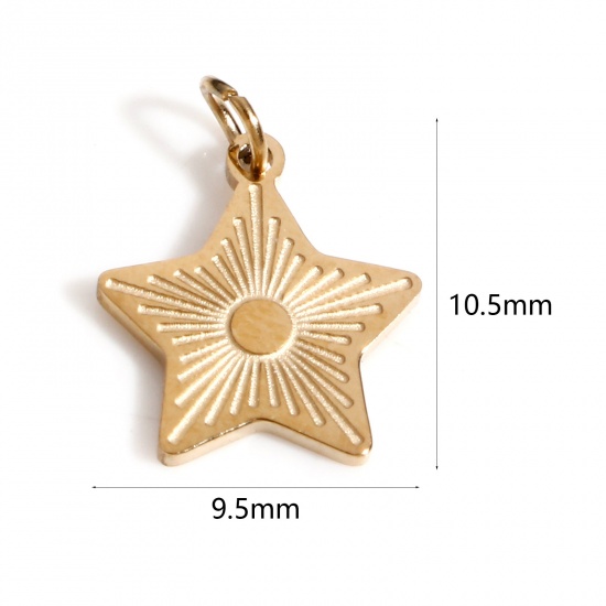 Picture of 1 Piece Vacuum Plating 316 Stainless Steel Galaxy Charms 18K Real Gold Plated Pentagram Star Sunshine 10.5mm x 9.5mm