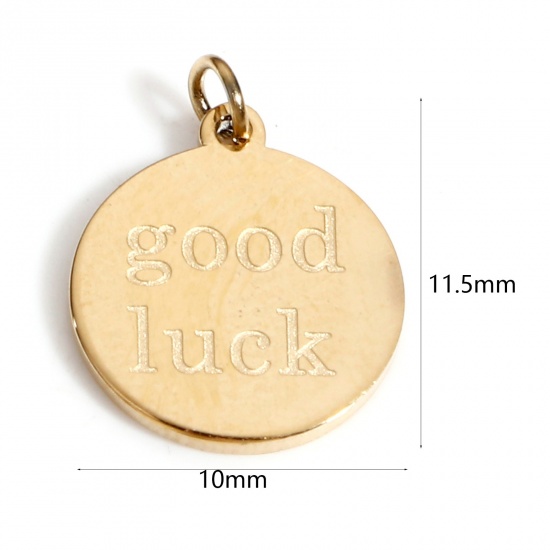 Picture of 1 Piece Vacuum Plating 316 Stainless Steel Simple Disc Charms 18K Real Gold Plated Round Message " GOOD LUCK " 11.5mm x 10mm